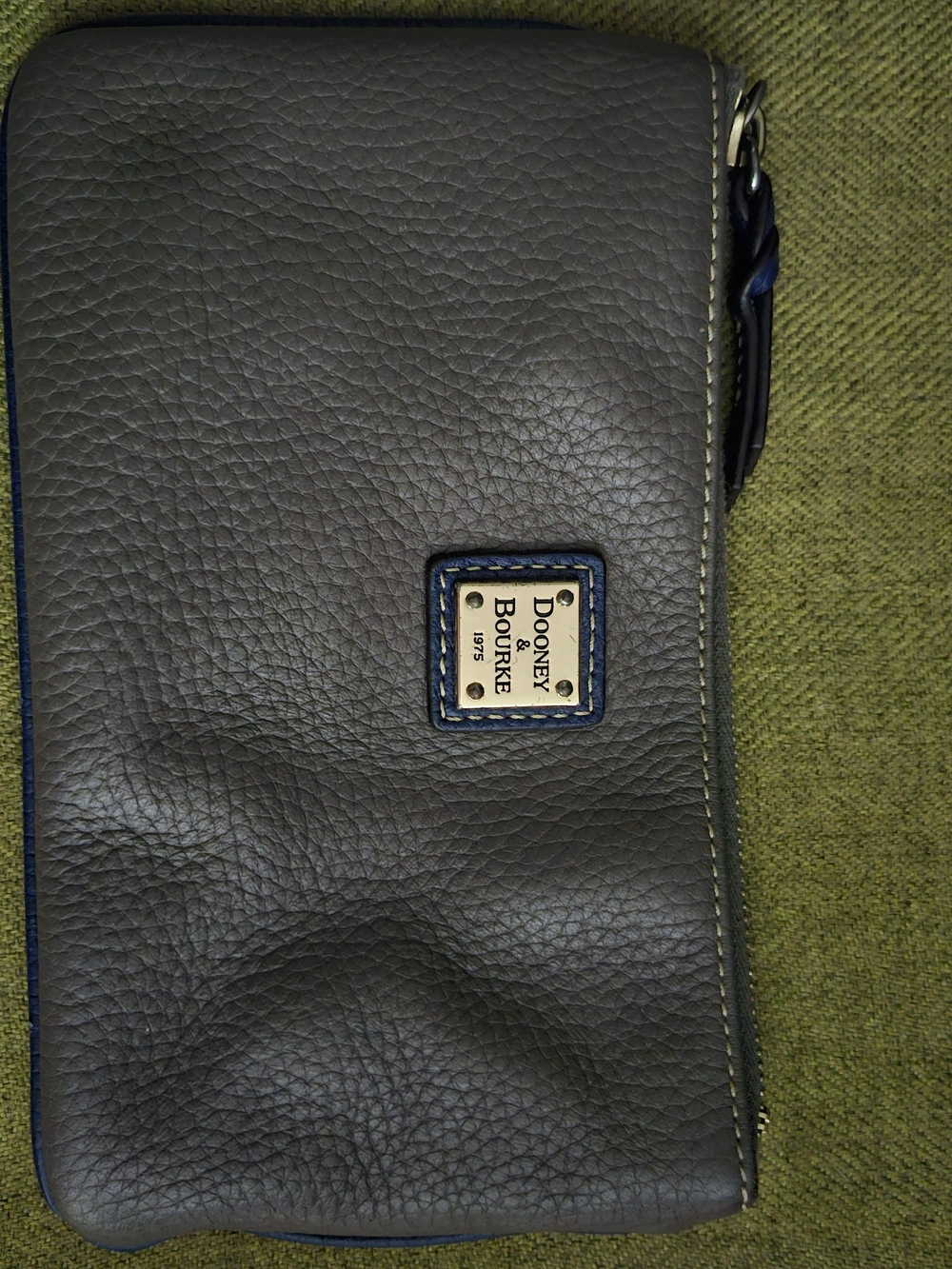 Dooney & Bourke Gray Pebbled Leather Zip Clutch with Navy Trim